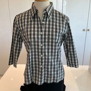 Lorenzini, Button down shirt, Plaid Grey, Black and Cream, Size IV, Medium,